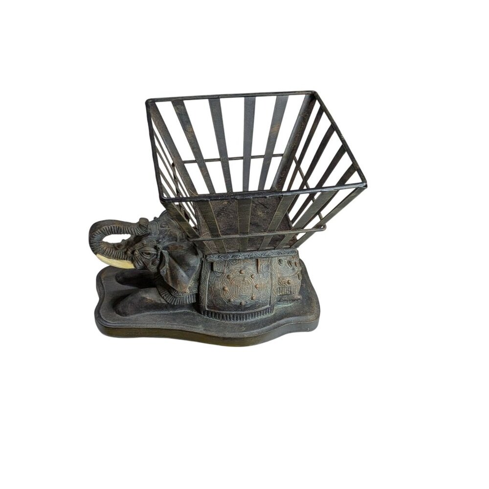 Elephant-Themed Decorative Metal Basket With Intricate Carvings & Rustic Finish
